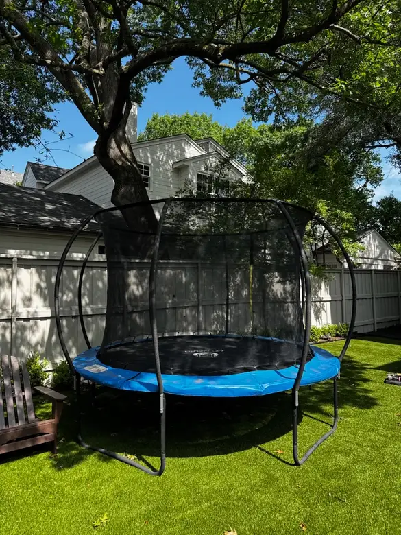 Round trampoline with a safety net assembled under a large tree